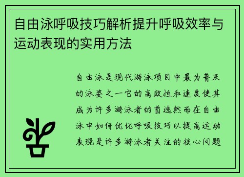 自由泳呼吸技巧解析提升呼吸效率与运动表现的实用方法